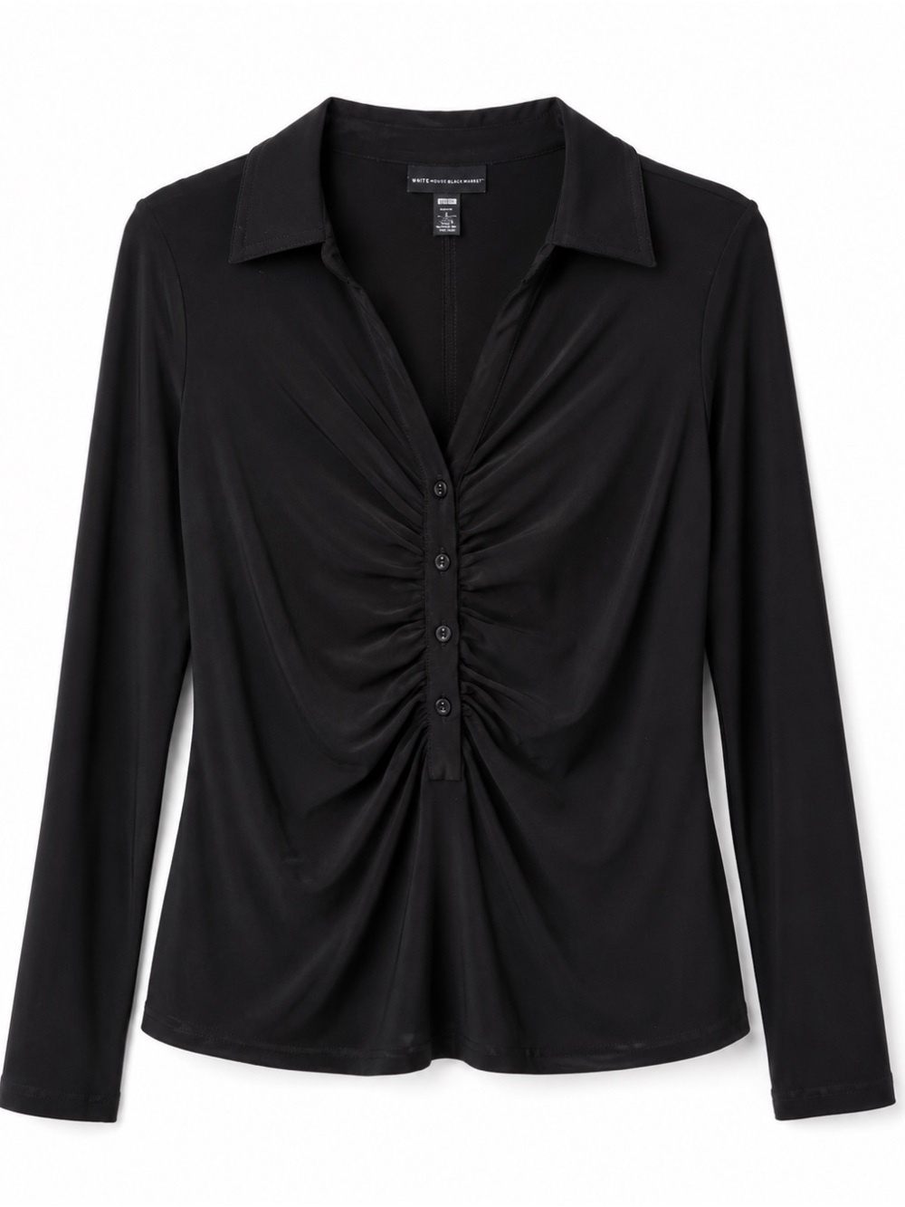 Jules & Leopold Black Ruched Button-Front Collared Top